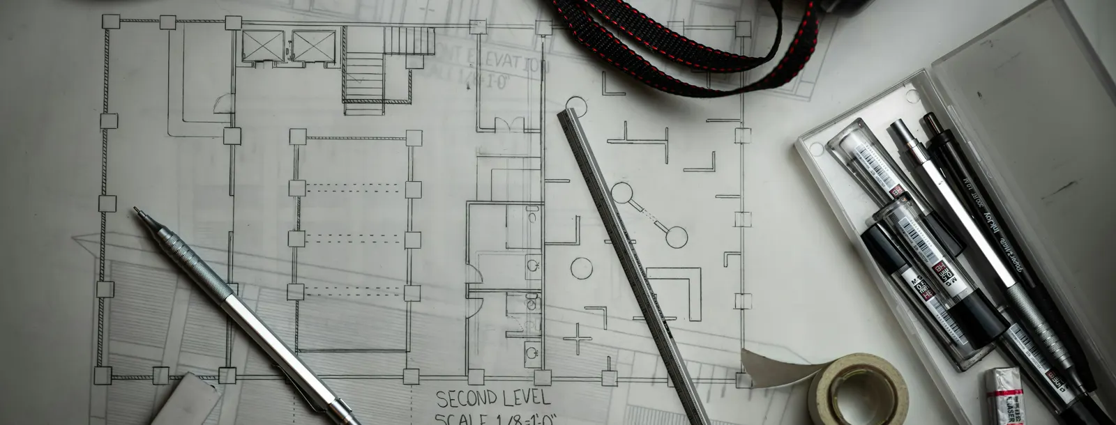 Architectural floor plans on a table with a mechanical pencil, a metal ruler and a case of drafting pens